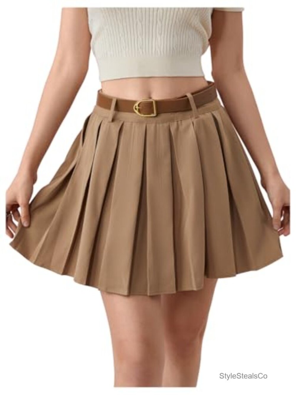 High Waist Pleated Belted A-Line Skirt Casual